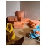 Vintage Plasco doll furniture, large lot, two table legs are broken off and missing.