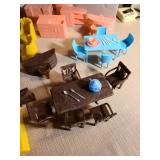 Vintage Plasco doll furniture, large lot, two table legs are broken off and missing.