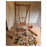 Antique small doll swing, 17in tall, and miniatures, some very old