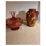 Antique Goofus glass vase, 7in tall and cranberry lidded candy dish