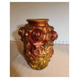 Antique Goofus glass vase, 7in tall and cranberry lidded candy dish
