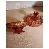 Antique Goofus glass vase, 7in tall and cranberry lidded candy dish