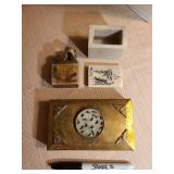 Chinese soapstone stamp and trinket box, etched brass trinket box with soapstone iron jade inlay