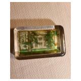Antique trinket box with painting on burl wood box and vintage glass paperweight featuring historic plantation The Hermitage, home of Andrew Jackson