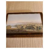 Antique trinket box with painting on burl wood box and vintage glass paperweight featuring historic plantation The Hermitage, home of Andrew Jackson