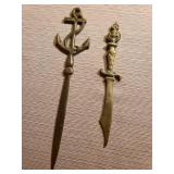 Brass letter rack, two letter openers, mouse note holder