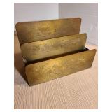 Brass letter rack, two letter openers, mouse note holder
