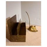 Brass letter rack, two letter openers, mouse note holder