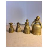 Brass Dutch girl bell with 2 boots as clapper. Other brass girl bells. Tallest is 5in.