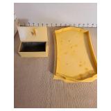 Vintage Irice mirror in leather snsp case, celluloid mirror, vanity tray, brushes, more. Some damage to tray and box.