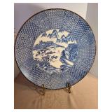 Japanese blue and white ceramic decorative plate or charger 16in wide, plus easel