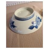 Blue and white Asian porcelain bowl 8in wide with wooden lift