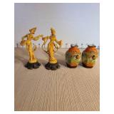 Vintage pair of Enesco Asian resin figurines made in Italy 4.5in tall, and pair of Satsuma Moriage Japanese geisha 3in vases