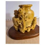 Hand carved Chinese Soapstone floral vase 5.5in tall with wooden base