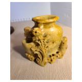 Hand carved Chinese Soapstone floral vase 5.5in tall with wooden base