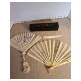Hand-painted Asian fan set with lacquer box and elephant letter opener in ivory color