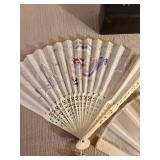 Hand-painted Asian fan set with lacquer box and elephant letter opener in ivory color