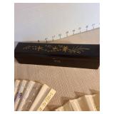 Hand-painted Asian fan set with lacquer box and elephant letter opener in ivory color