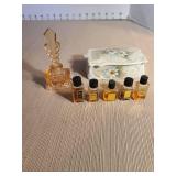 Art Nouveau cut crystal perfume bottle from Czechoslovakia, 5 miniature perfume bottles, porcelain trinket box
