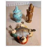 Vintage Asian pin cushion with 4 children holding hands, miniature ginger jar, carved wooden figurine, more