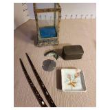 Vintage Asian pin cushion with 4 children holding hands, miniature ginger jar, carved wooden figurine, more