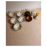 Hand Painted Japanese Nippon bowls, Satsuma s and p shakers, lacquerware