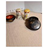 Hand Painted Japanese Nippon bowls, Satsuma s and p shakers, lacquerware