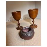 Pair of handmade wooden goblets and small Van Briggle pot
