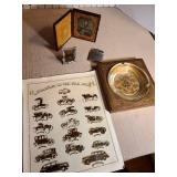Vintage Italian Florentine ashtray, Ronson Whirlwind lighter engraved Ilene, old framed pictures