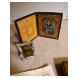 Vintage Italian Florentine ashtray, Ronson Whirlwind lighter engraved Ilene, old framed pictures