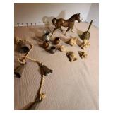 Bells of Sarna, miniature copper and aluminum pitchers, ceramic horse 5in tall, brass bell, animal figures