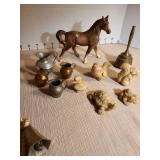 Bells of Sarna, miniature copper and aluminum pitchers, ceramic horse 5in tall, brass bell, animal figures