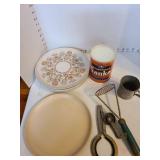 Vintage Melmac plates, Maxwell House Sanka in unopened can, kitchen utensils.