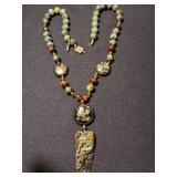 Vintage Jade and bead necklace with cloisonne and a carved Jade pendant, a beautiful design.