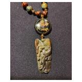 Vintage Jade and bead necklace with cloisonne and a carved Jade pendant, a beautiful design.