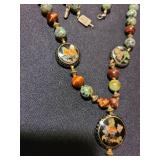 Vintage Jade and bead necklace with cloisonne and a carved Jade pendant, a beautiful design.