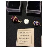 Sterling silver and enamel Russian egg pendents, total of four