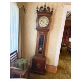 ANTIQUE EARLY CENTURY GRANDFATHER CLOCK WOOD W/ WEIGHTS, CHAINS, WINDING KEY- FR