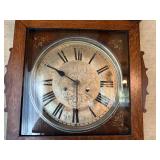 ANTIQUE EARLY CENTURY GRANDFATHER CLOCK WOOD W/ WEIGHTS, CHAINS, WINDING KEY- FR