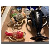 BLACK VASE/ BLUE SUGAR SHAKER/ 2 GLASS PAPER WEIGHT/ S&P SHAKER SET- FR