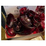RED GLASSWARE BOX OF PUNCH BOWL W/16 CUPS/ BOWLS/ 2 S&P SHAKERS (30Pcs)- LR