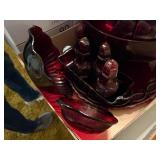 RED GLASSWARE BOX OF PUNCH BOWL W/16 CUPS/ BOWLS/ 2 S&P SHAKERS (30Pcs)- LR