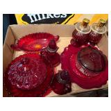 RED GLASSWARE (9 pcs)FLAT/VINEGAR CRUETS/CANDLESTICK HOLDERS/PLATE/DISH & LID- FRT
