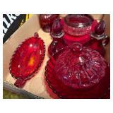RED GLASSWARE (9 pcs)FLAT/VINEGAR CRUETS/CANDLESTICK HOLDERS/PLATE/DISH & LID- FRT