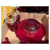 RED GLASSWARE (9 pcs)FLAT/VINEGAR CRUETS/CANDLESTICK HOLDERS/PLATE/DISH & LID- FRT