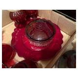 RED GLASSWARE (9 pcs)FLAT/VINEGAR CRUETS/CANDLESTICK HOLDERS/PLATE/DISH & LID- FRT