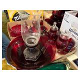 RED GLASSWARE FLAT x 9 HURRICANE CANDLE HOLDER/ BOWL/ PLATE/ SUGAR DISH MISC.- FRT