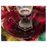 RED GLASSWARE FLAT x 9 HURRICANE CANDLE HOLDER/ BOWL/ PLATE/ SUGAR DISH MISC.- FRT