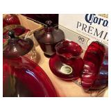 RED GLASSWARE FLAT x 9 HURRICANE CANDLE HOLDER/ BOWL/ PLATE/ SUGAR DISH MISC.- FRT