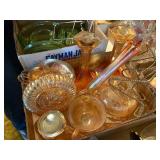 AMBER CARNIVAL GLASSWARE CANDLESTICKS/ BUTTER DISH MISC. BOX x 14 pcs - FRT